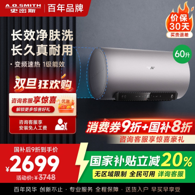 AO史密斯电热水器60升 短款 国家补贴 80吨长效净水洗 免清洗 3kW变频速热 金圭特护 E60ED6-B