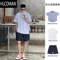 HLCOMAN夏季条纹短袖衬衫男干净男友穿搭痞帅高级感搭配冰丝休闲短裤套装