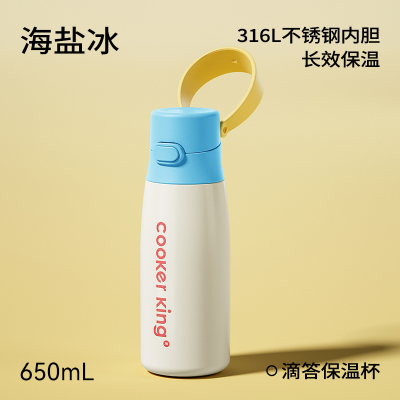 炊大皇316L不锈钢保温杯高颜值大容量女生水杯带提手650ml(海盐冰)
