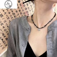 JiMi花开富贵平安锁吊坠项链女2022年新款小众新中式黑色串珠锁骨链女