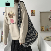 唐糖包袋/日系格子大帆布包立体感单肩手拎布袋 学生大容量包包女NEW LAKE 黑格子宽肩带单肩包女士单肩包