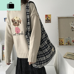 唐糖包袋/日系格子大帆布包立体感单肩手拎布袋 学生大容量包包女NEW LAKE 黑格子宽肩带单肩包女士单肩包 黑格子宽肩带单肩包