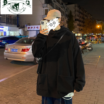 HLCOMAN胖胖哥港风连帽卫衣男2021新款春季宽松上衣韩版潮流大码胖子外套卫衣