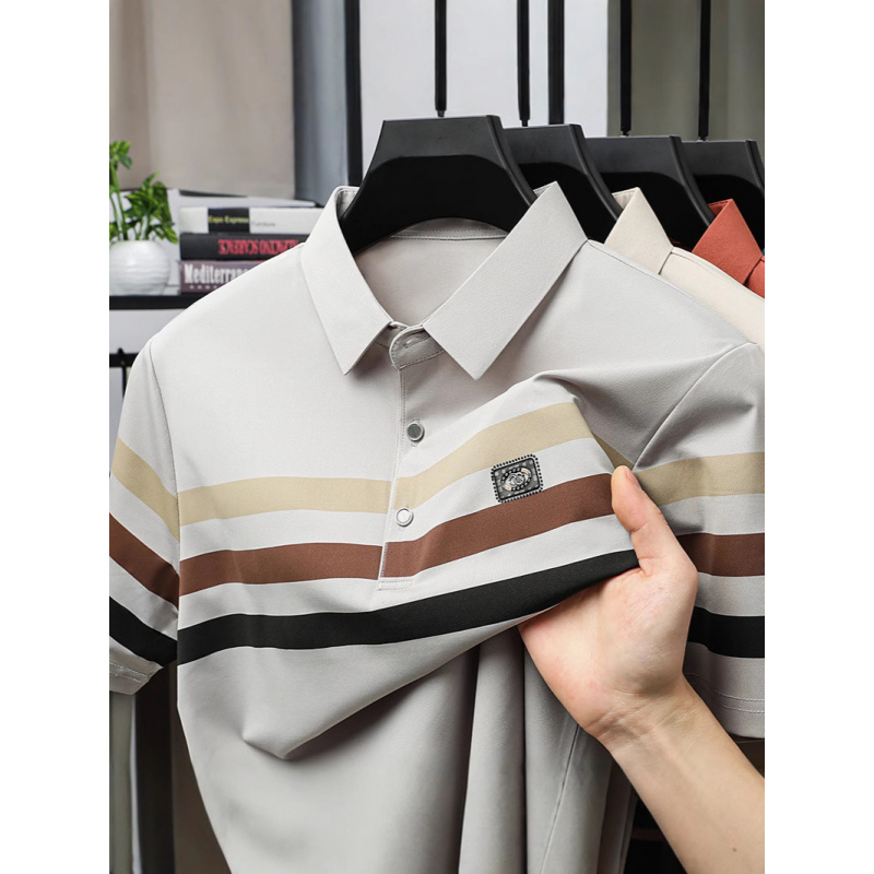 体恤男中年新款条纹短袖T恤夏季男装翻领套头品质上衣男士Polo衫