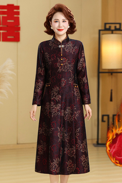 加绒旗袍女中老年女秋冬款国风改良旗袍裙中长款妈妈装保暖连衣裙