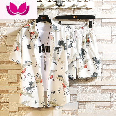 七斓沙滩套装男夏季韩版潮流男装一套搭配帅气短袖短裤夏威夷风花衬衫