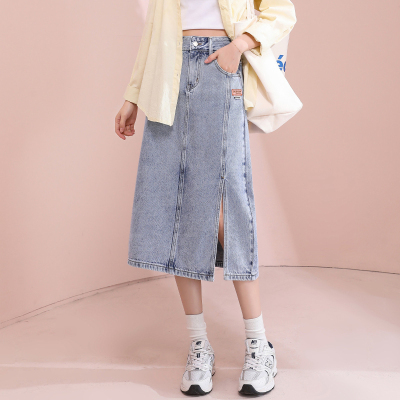 [3件8.5折101.9元,叠加优惠券]唐狮春秋新款牛仔半身裙女高腰显瘦中长款开叉百搭包臀a字裙