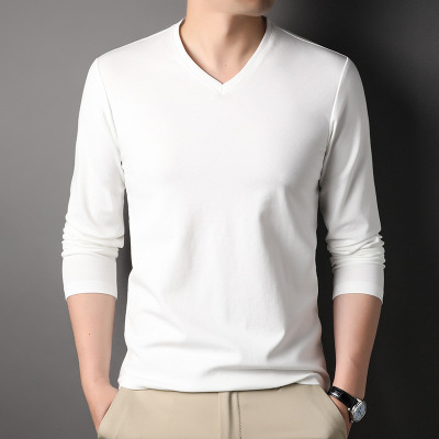 桑蚕丝V领T恤男士秋季新款长袖纯色套头百搭舒适合体休闲打底衫男