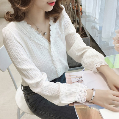 YIBUSHENG大码春装新款蕾丝花边衬衫女胖mm显瘦设计感小众内搭长袖打底上衣蕾丝衫