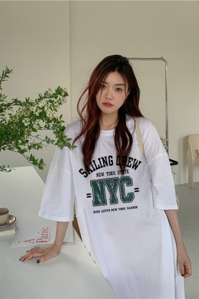 6535棉夏季新款韩版宽松字母印花学生开叉短袖中长款连衣裙女INS