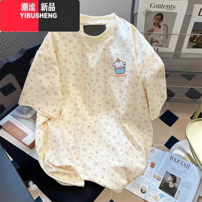 YIBUSHENG印花小狗宽松T恤女季小碎花甜妹休闲韩系可爱印花小众短袖上衣