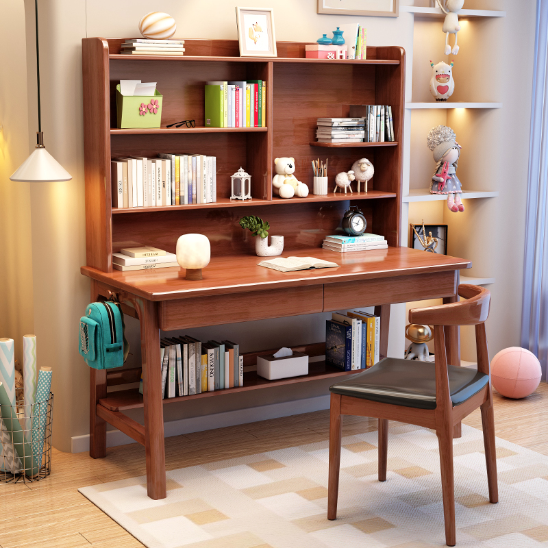 实木书桌书架一体学生家用卧室儿童学习桌初高中生写字桌子电脑桌