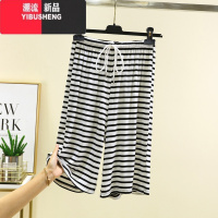 YIBUSHENG莫代尔条纹五分裤女季百搭抽绳短裤大码宽松休闲裤居家薄款睡裤