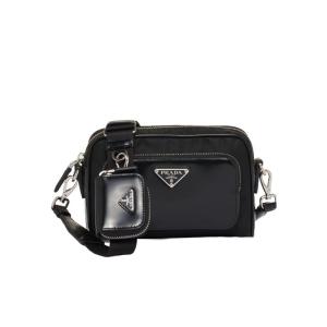 普拉达(PRADA)男士女士通用多功能织物皮革拼接单肩包耐用便携时 黑色