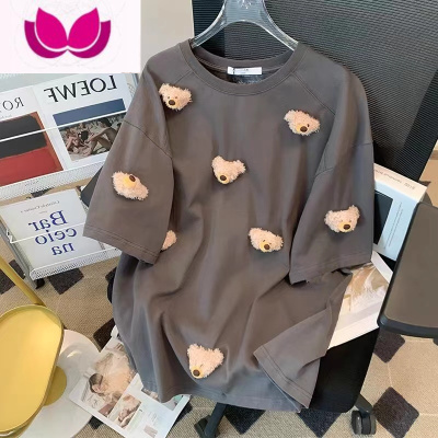 七斓国潮vintage立体发光小熊短袖t恤女夏季宽松情侣设计感ins上衣潮