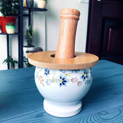 家用陶瓷蒜臼子捣蒜蒜蓉蒜泥器捣碎研磨做糊糊蒜臼手动砸蒜罐擂钵 敬平 白彩花[陶瓷款]送木锤+防溅盖拉蒜器研磨碗(碎物器)