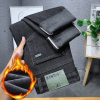 北方加绒牛仔裤男士潮牌刺绣百搭直筒裤男冬季品质舒适裤男式