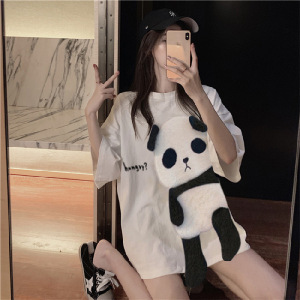 女士卡通刺绣夏季韩版新款中长款短袖T恤女上衣女装