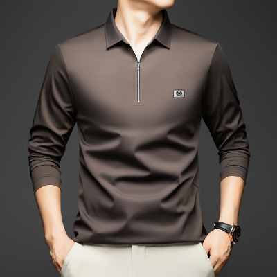 长袖T恤男春秋季新款韩版休闲翻领中青年潮流纯色上衣