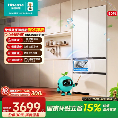 海信大薄荷2.0 509L法式多门冰箱双系统自动制冰超薄超窄零嵌入大容量净味BCD-509E5SFZSD白