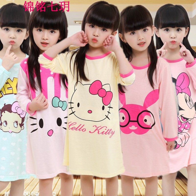 锦铭七玥儿童睡衣夏季女童睡裙女孩长袖春秋连衣裙中大童公主裙居服