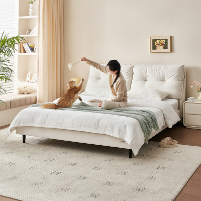 全友奶油风双人床卧室家用现代简约软包布艺床家具