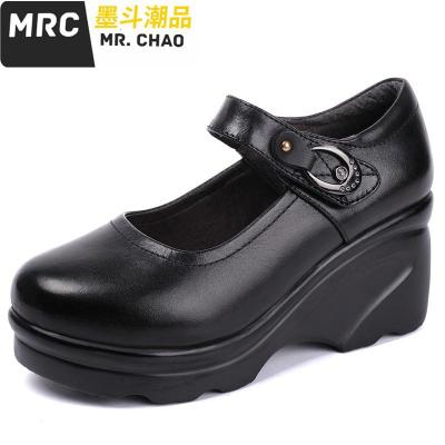 浅口一字扣高跟防水台女单鞋圆头魔术贴皮鞋松糕妈妈鞋墨斗潮品休闲鞋