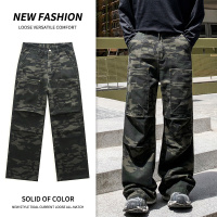 美式cleanfit微喇迷彩牛仔显高男女款设计感多口袋工装休闲水洗裤