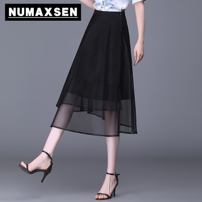 纽曼森（Numaxsen）半身裙不规则雪纺女夏中长款2021新款黑色高腰显瘦百搭薄款a字裙