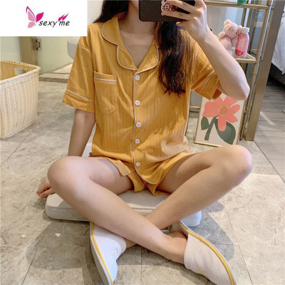 睡衣女夏棉短袖短裤两件套韩版甜美可爱学生开衫可外穿家居服FISHBASKET