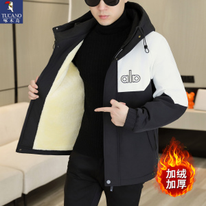 啄木鸟男士外套2025新款男士工装连帽加绒夹克冲锋衣冬季加厚棉衣