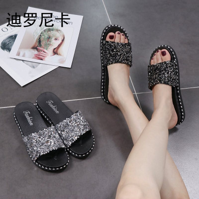 迪罗尼卡跨境时尚亮片欧美休闲凉拖鞋女2021夏季外穿平底一字拖沙滩鞋凉鞋