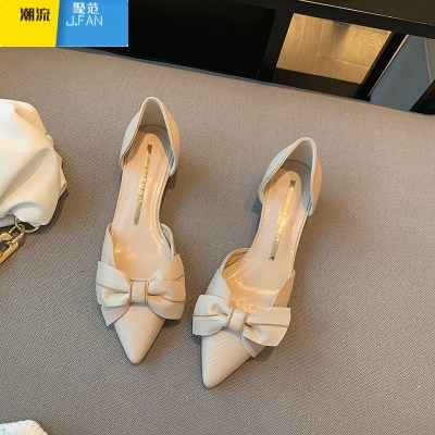 聚范鞋子女2021年新款尖头粗跟低跟蝴蝶结百搭晚晚风温柔鞋平底单鞋