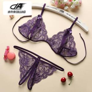 迪鲁奥DIUAOP蕾丝性感三点式内衣女士超薄透明诱惑露毛丁字裤系带美背文胸套装紫色均码 紫色 默认尺寸