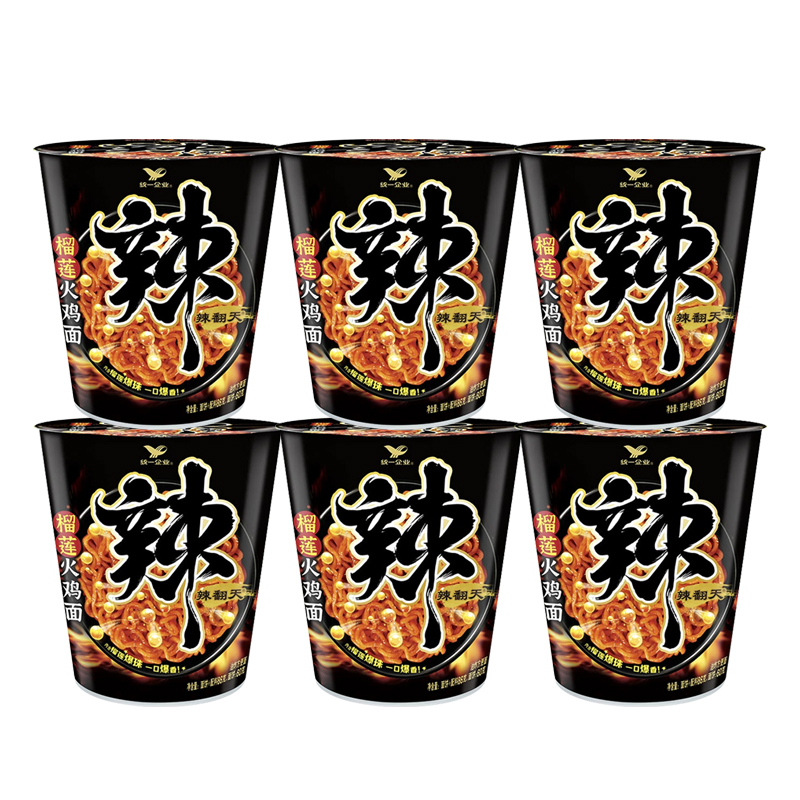 统一辣翻天榴莲火鸡面韩式方便面泡面夜宵速食拌面 *6杯整箱装