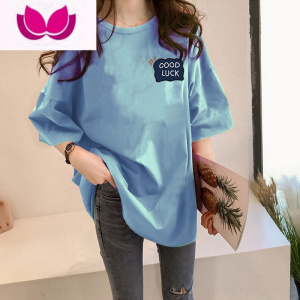 七斓中长款半袖t恤女正肩设计感2022夏季新款百搭学生宽松短袖上衣服