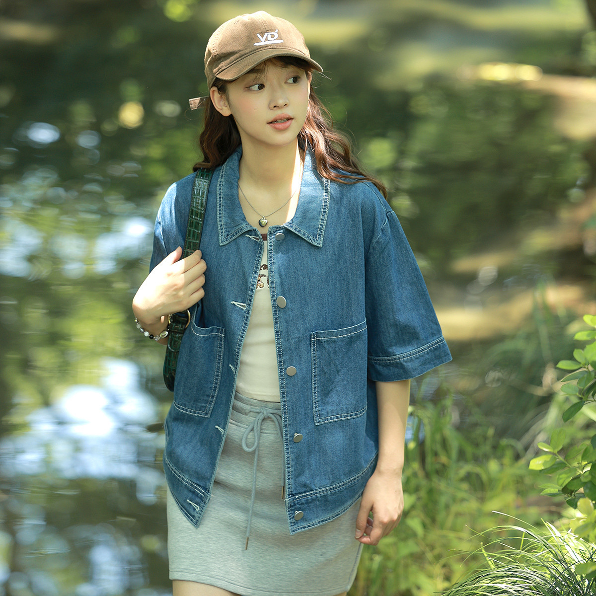 [2.5折价103元]唐狮夏季女翻领短袖牛仔衬衫短款口袋休闲百搭chic韩版潮减龄
