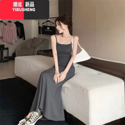 YIBUSHENG辣妹高腰吊带连衣裙女2024新款收腰显瘦露肩内搭打底过膝长裙