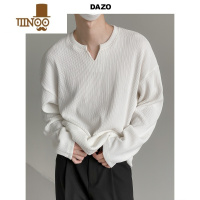 YANXUDAZO 缺口领长袖T恤男宽松日常休闲设计感坑条纹打底衫款上衣