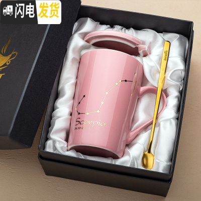 三维工匠创意北欧ins星座陶瓷马克水杯子带盖勺个性潮流情侣女咖啡杯家用 天蝎座-玫瑰金(礼盒装)咖啡器具