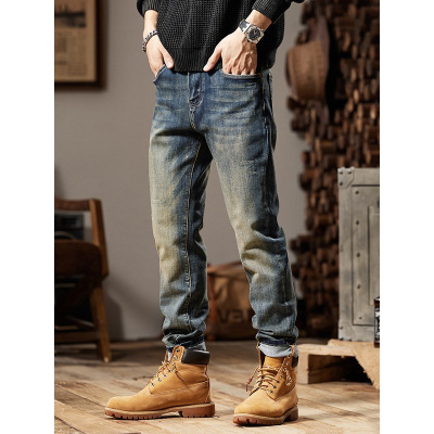 男士高端牛仔裤轻奢刺绣时尚休闲裤男款中青年复古百搭小直筒裤男