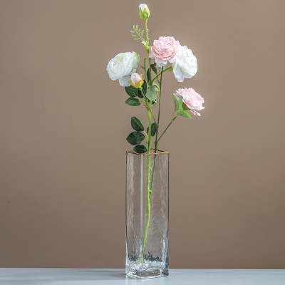 北欧轻奢透明玻璃花瓶纳丽雅家居客厅餐桌水培插花现代简约装饰品摆件锤纹金边30*8（透明）+2支妖姬茶花