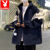 花花公子外套男秋冬季加绒冲锋衣连帽防风宽松设计感撞色工装夹克