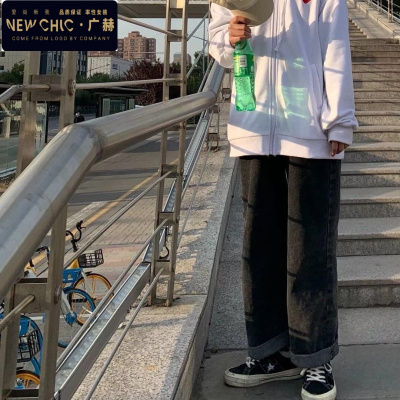 广赫宽松显瘦复古高腰学生牛仔裤女小个子bf风直筒百搭简约阔腿长裤潮牛仔裤