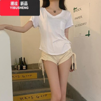 YIBUSHENG纯欲上衣女季设计感运动T恤薄款2024新款潮显瘦白色V领短袖体桖