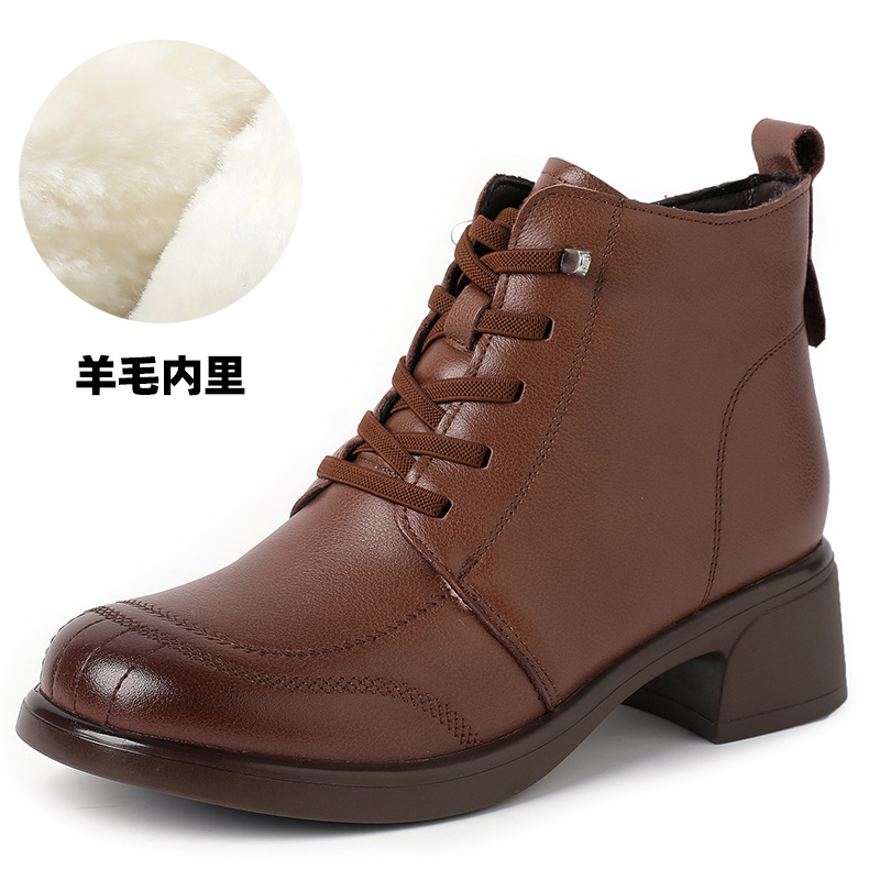 真皮复古短靴女冬季加绒软底妈妈鞋棉鞋防滑羊毛里保暖雪地靴