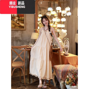 YIBUSHENG甜十八 波西米亚度假风绑带流苏吊带裙子旅行连衣裙森系长裙仙