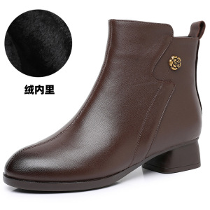 25女靴秋冬季新款靴子女中跟复古短靴中筒棉靴真皮加绒妈妈鞋皮靴