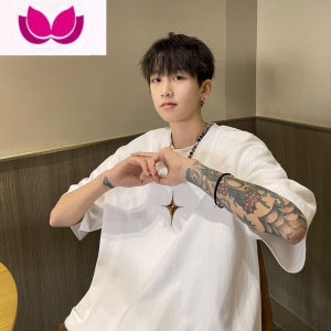 七斓白色短袖T恤男款夏季潮牌美式高街宽松休闲情侣潮流七分衣服t