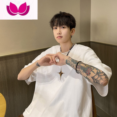 七斓白色短袖T恤男款夏季潮牌美式高街宽松休闲情侣潮流七分衣服t